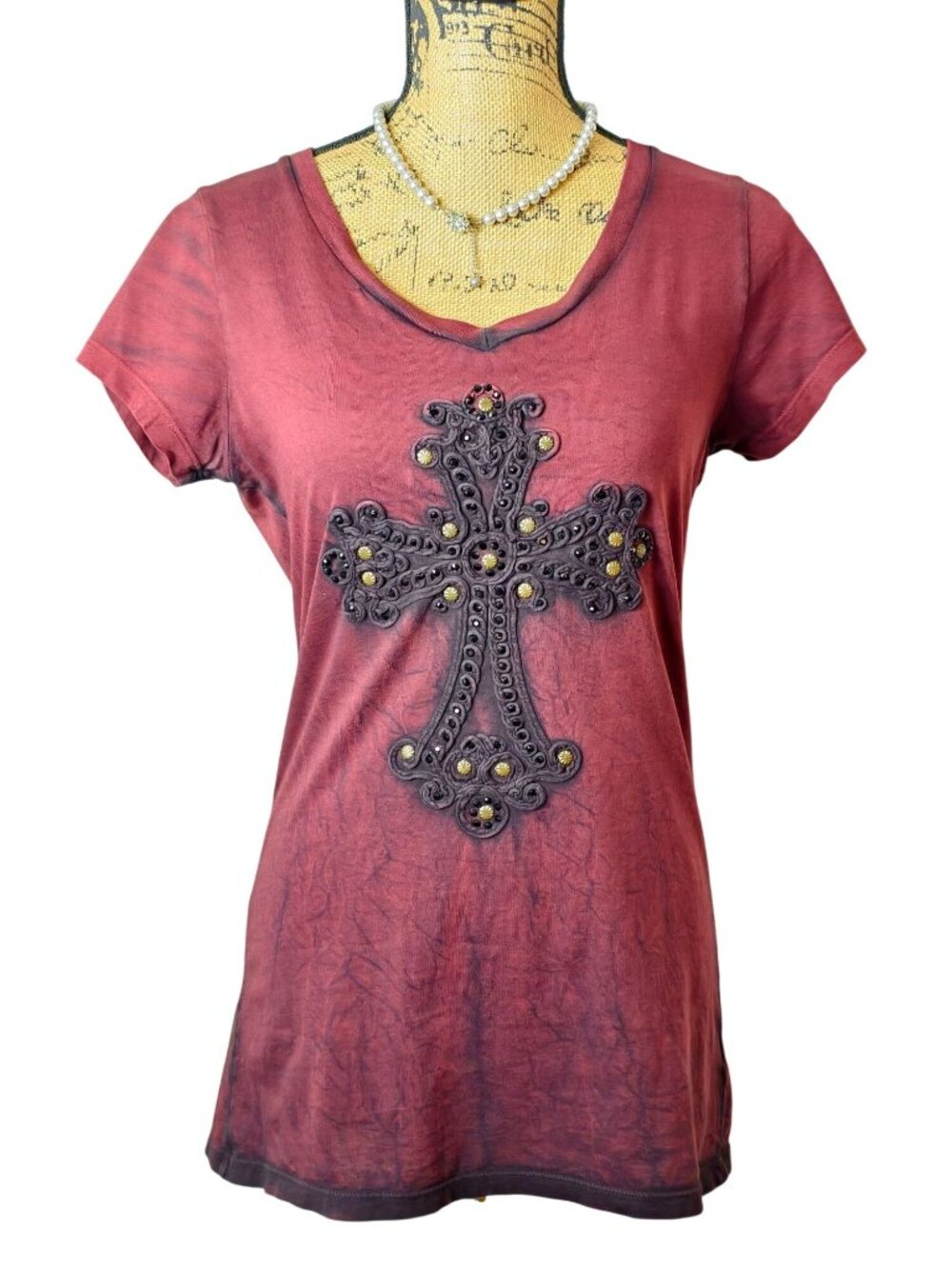 Vtg Velvet Stone Womens M Cross Embellished Tee Y2k Burgundy SS Bling Dark Boho